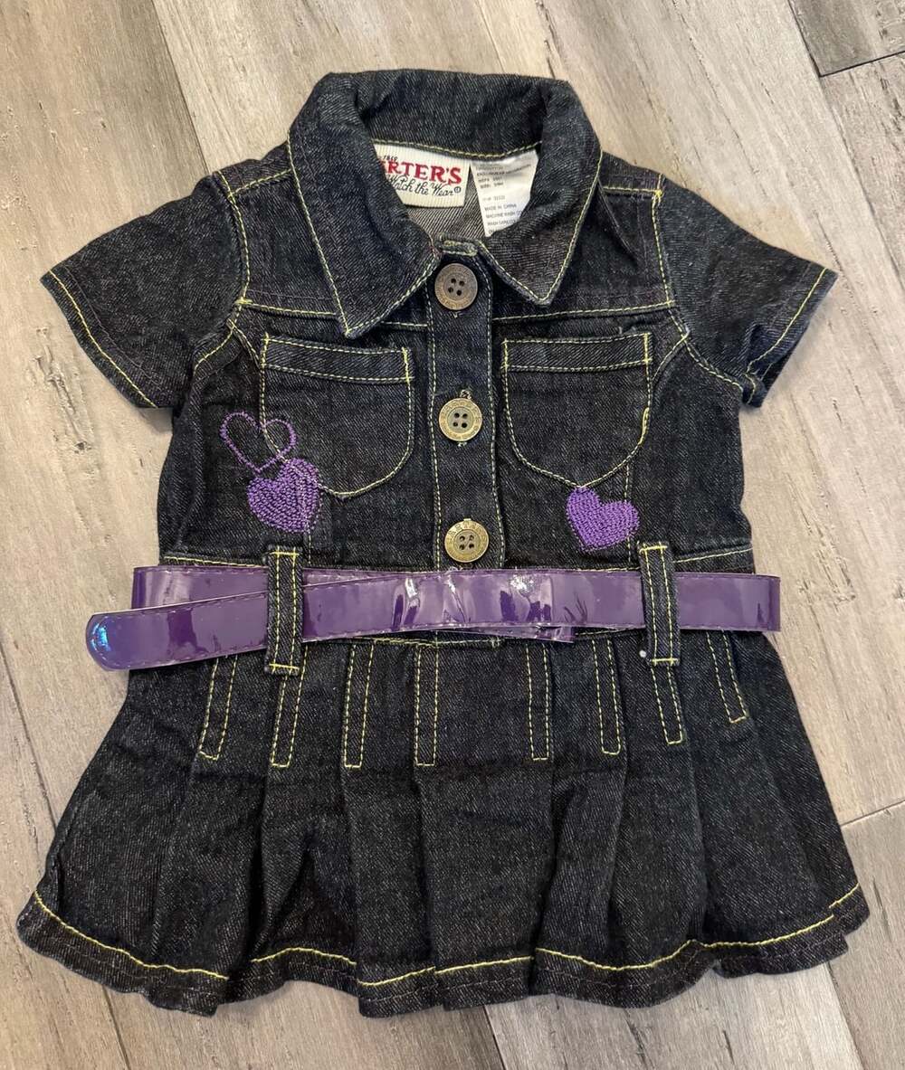 Carter's Vintage Infant Baby Girl Denim Dress with Purple Belt and Embroidered H